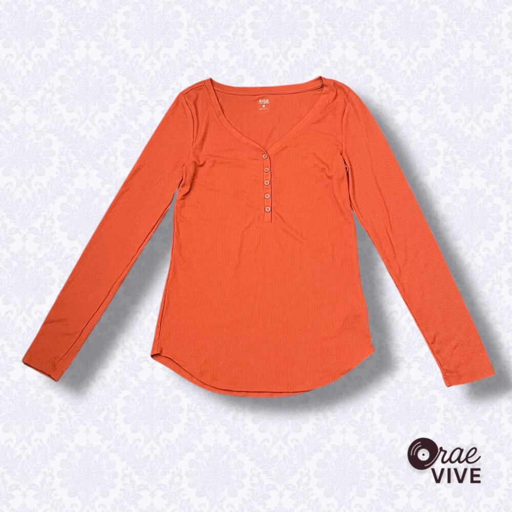 Women’s XS a.n.a. Orange Henley Long Sleeve Knit Top – Casual Soft Pullover